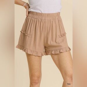 Umgee High Waist Ruffle Trim Shorts - Tan